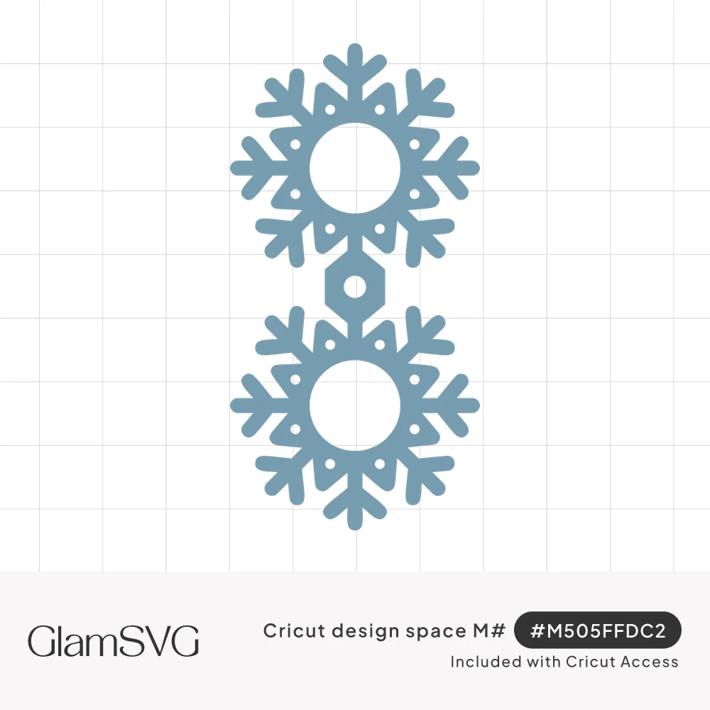 Two light blue snowflakes with round center openings joined by a small hexagon tab with a hole, forming a lollipop holder