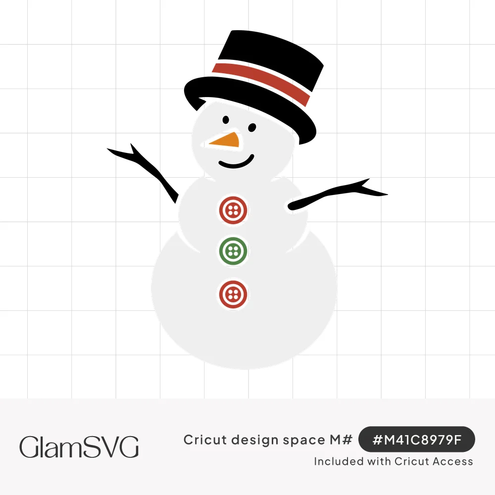 Smiling snowman with black top hat with red band, orange carrot nose, stick arms and red and green buttons