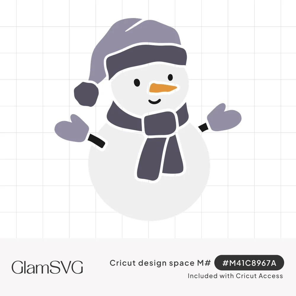Smiling snowman with carrot nose wearing a gray pom-pom hat, scarf and mittens on stick arms