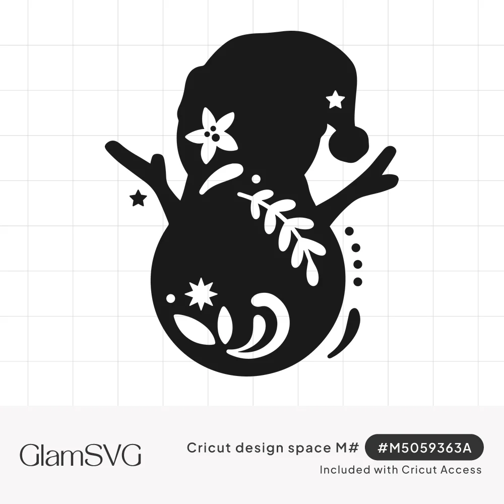 Black snowman silhouette in a Santa hat with twig arms and folk art flower, leaf and star cutouts