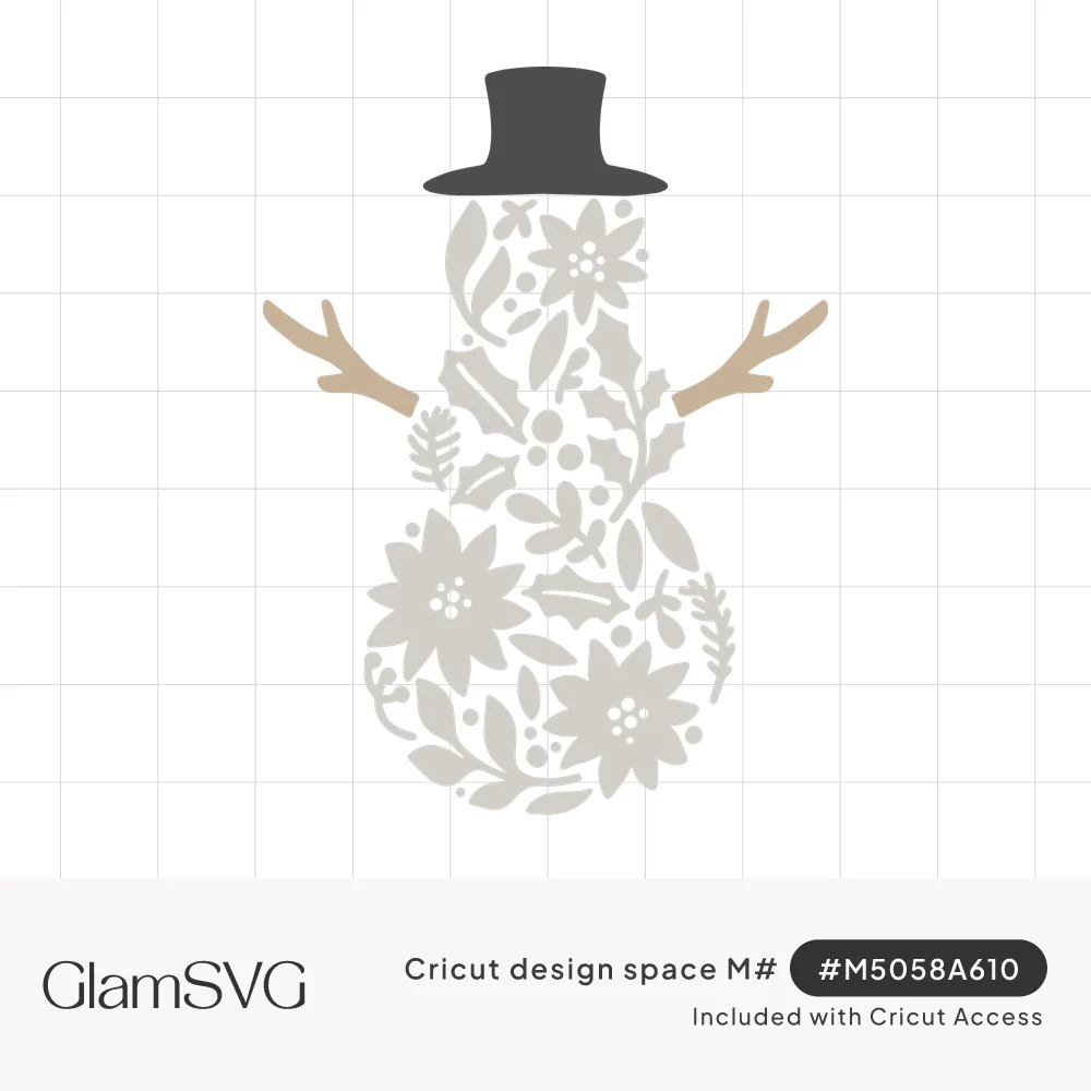 Snowman silhouette filled with poinsettia and holly cutouts, wearing a black top hat with brown twig arms