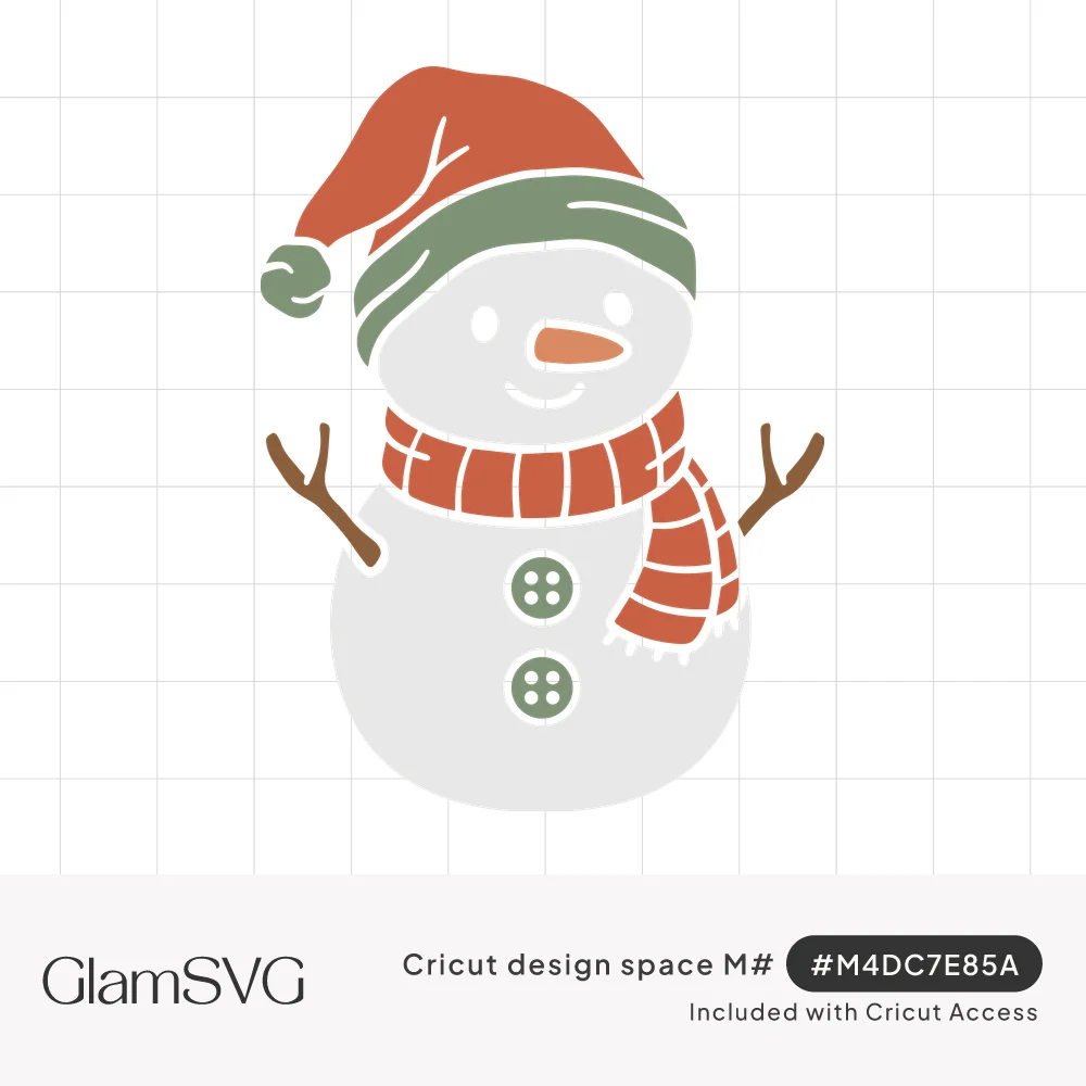Smiling snowman wearing a red Santa hat with green brim, striped red scarf, twig arms and two green buttons