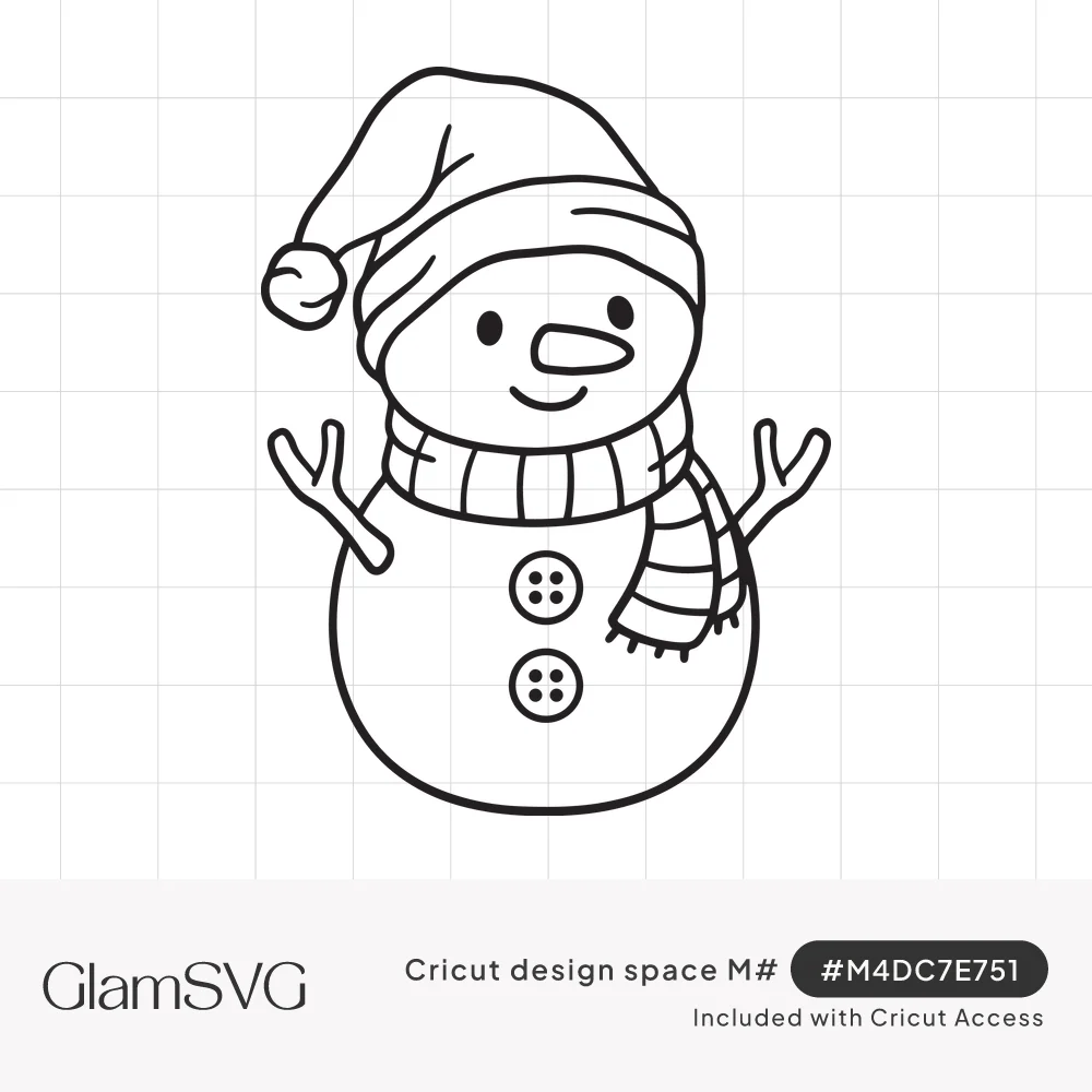 Black line drawing of a smiling snowman wearing a pom-pom stocking hat and striped scarf, with twig arms and two buttons