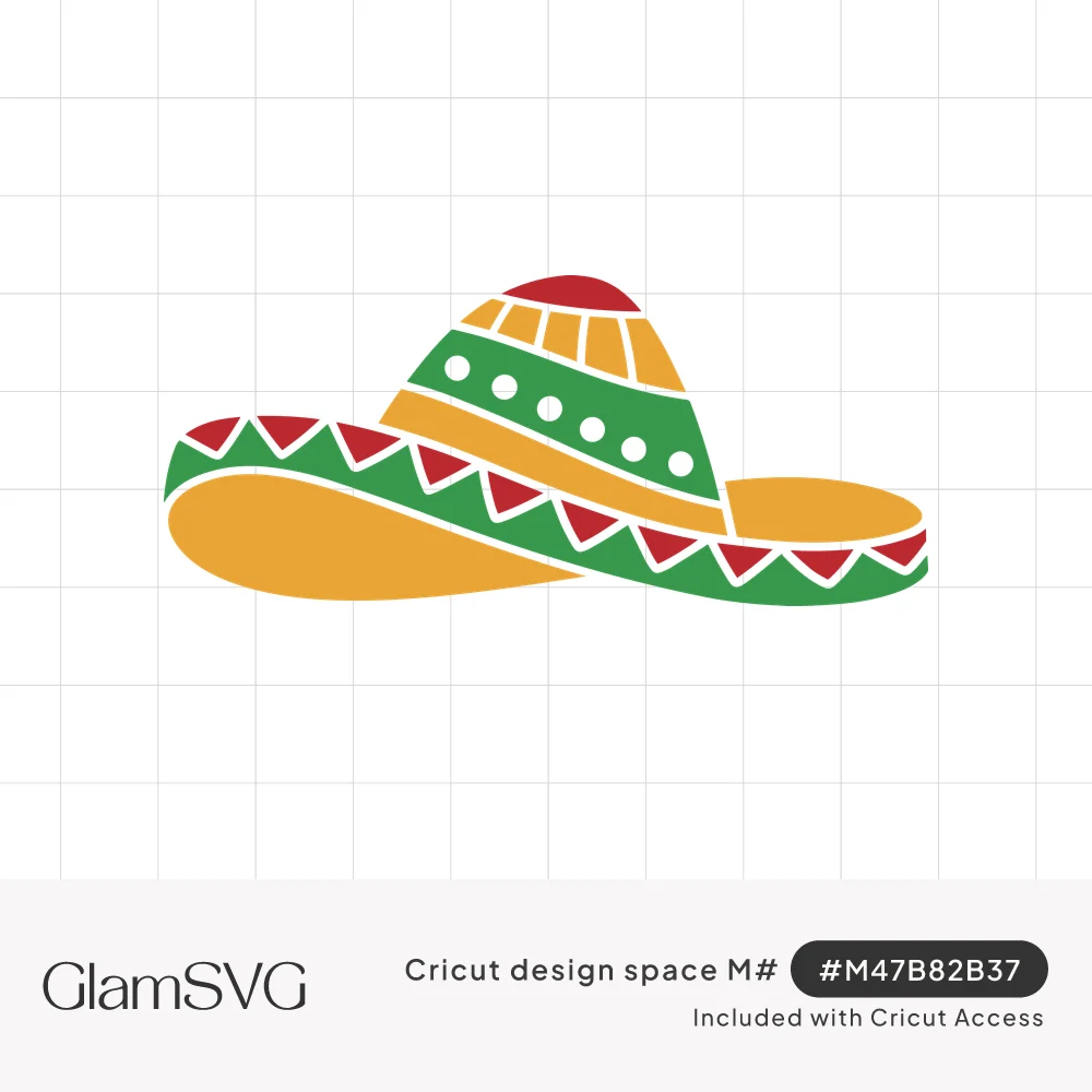 Colorful sombrero with yellow brim, green and red zigzag trim, white dots and striped crown