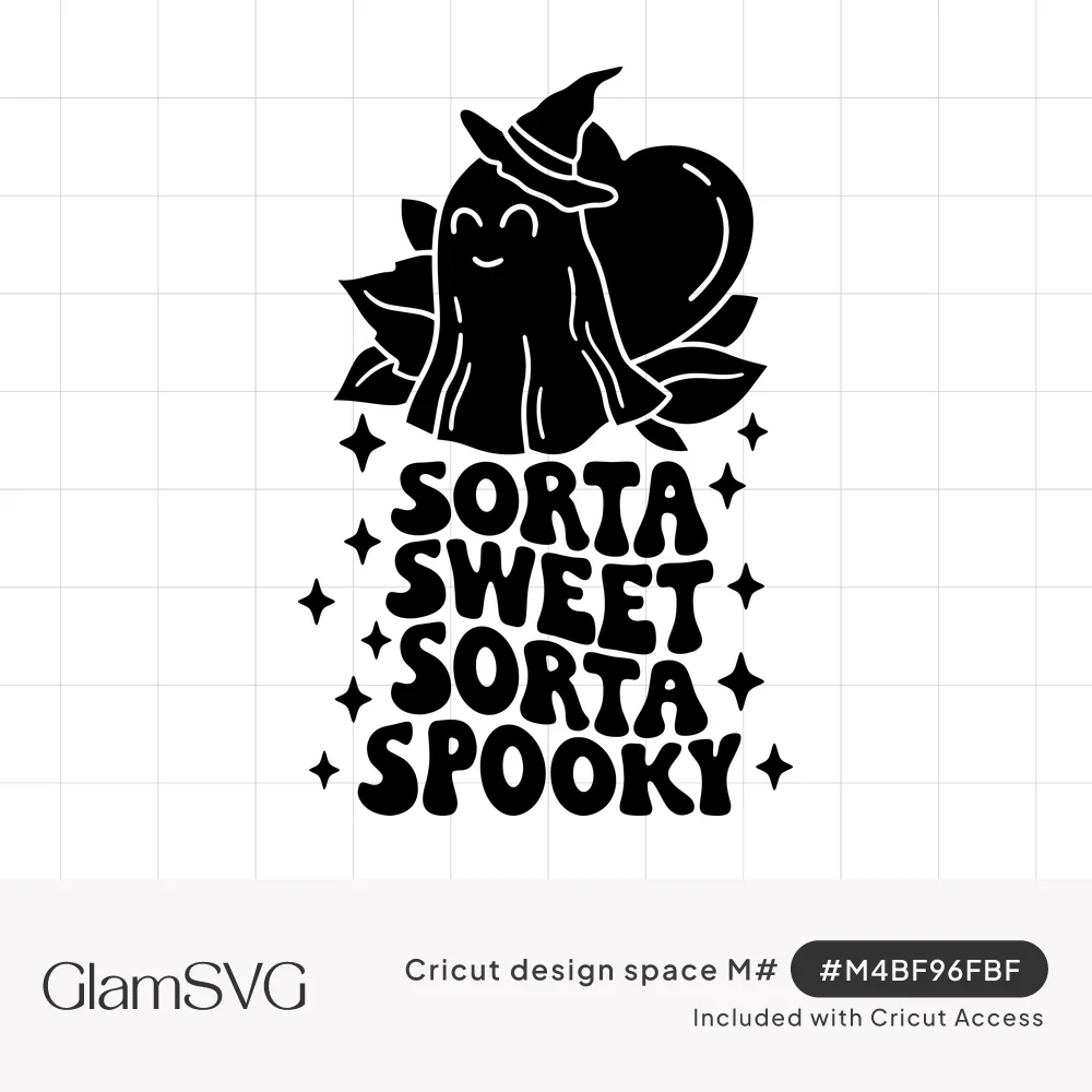 Smiling ghost in a witch hat with a heart and leaves above groovy text Sorta Sweet Sorta Spooky surrounded by sparkles