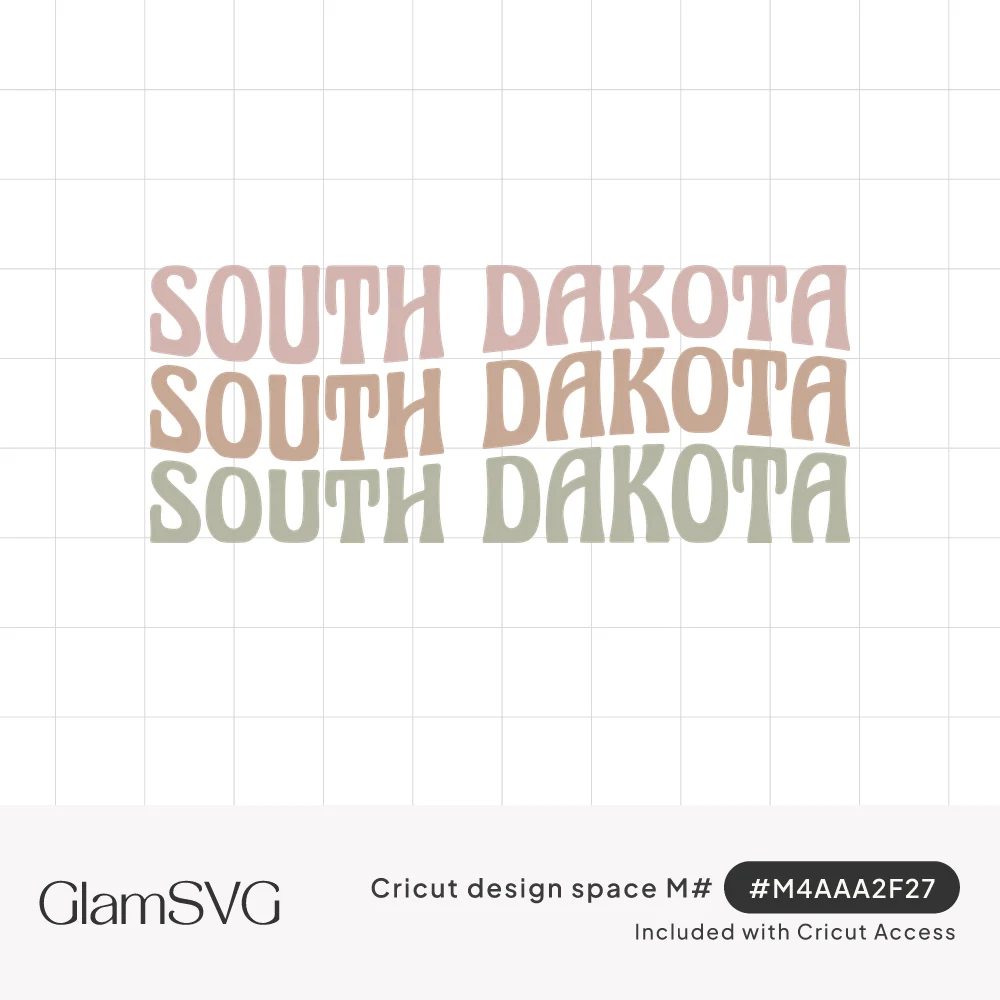 The words South Dakota repeated in three stacked rows of wavy retro lettering in pink, tan and sage green