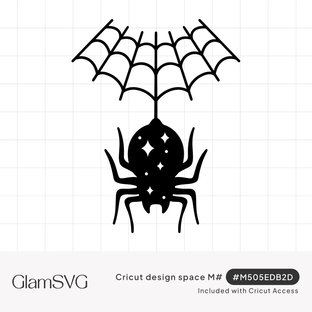 Black silhouette spider with star sparkle cutouts hanging by a thread from a fan-shaped cobweb