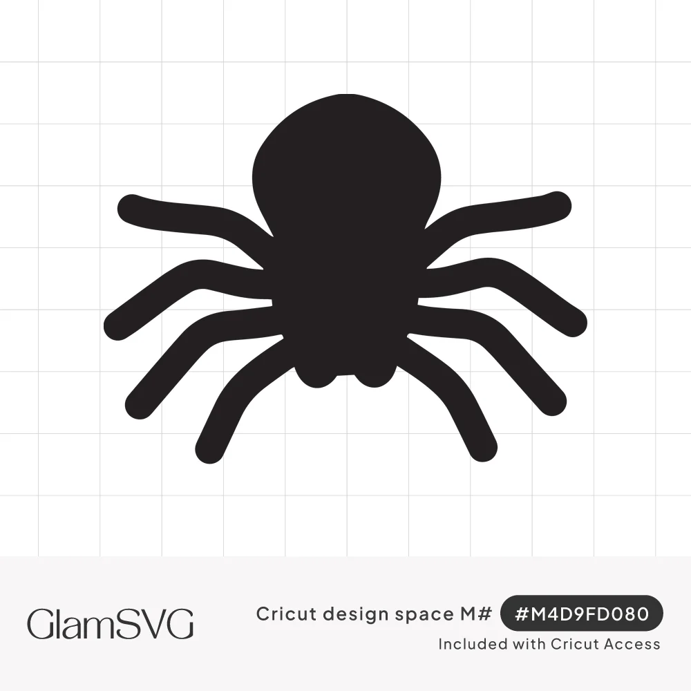 Solid black spider silhouette with a round body and eight thick curved legs on a white background