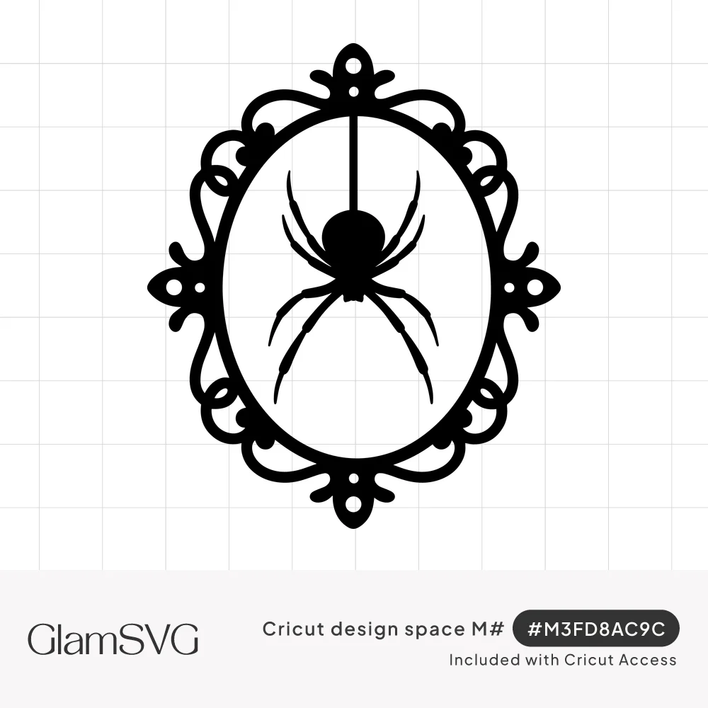 Black silhouette of a spider hanging from a thread inside an ornate Victorian-style oval frame with scrollwork