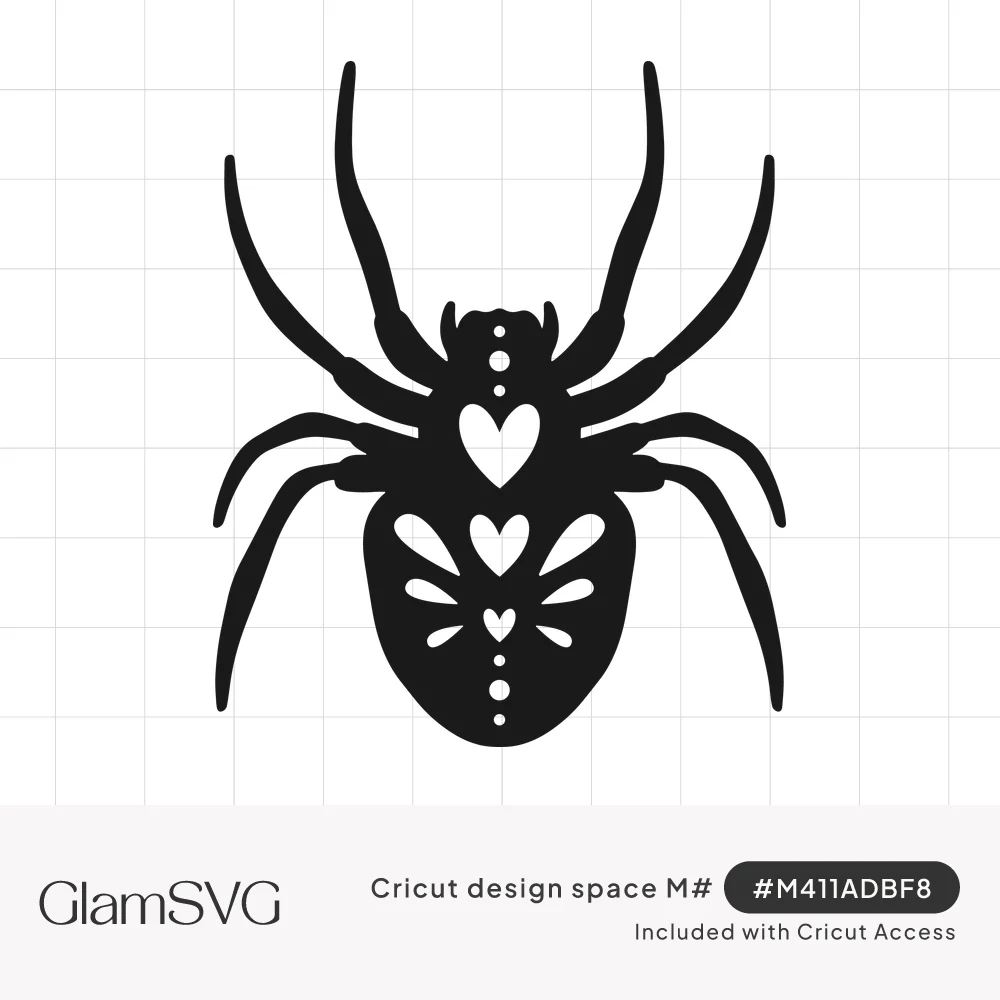 Black spider silhouette with eight curved legs and heart, dot, and petal cutouts decorating its body