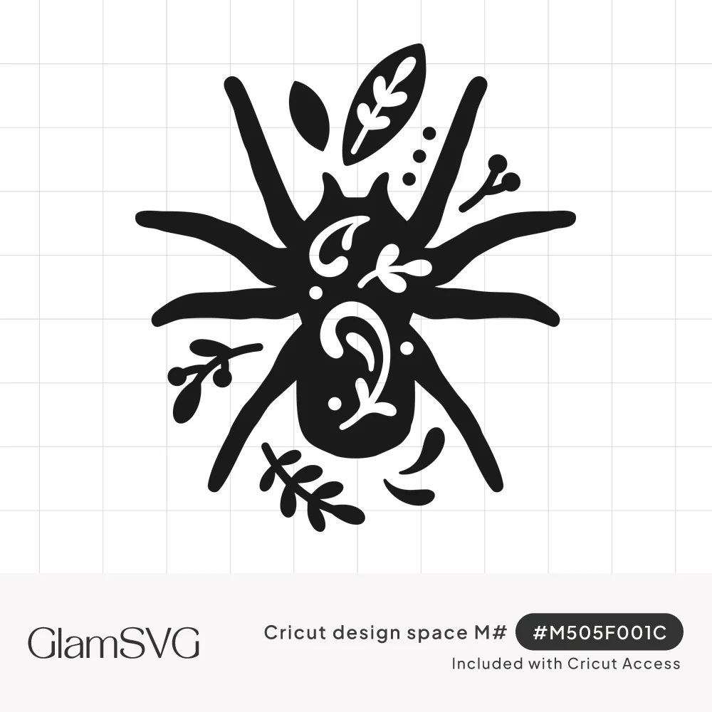 Black spider silhouette with white paisley and leaf cut-outs on its body, surrounded by leafy sprigs and berries