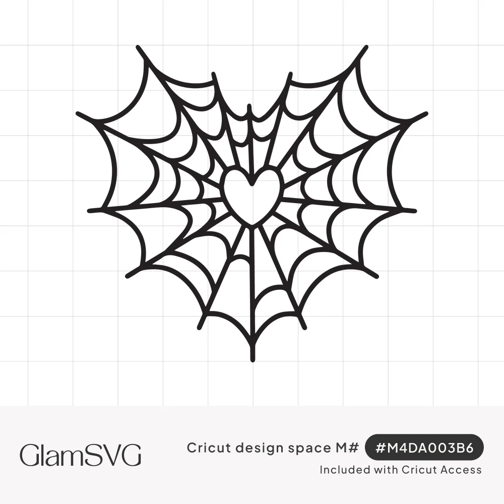 Black line drawing of a heart-shaped spiderweb with a small open heart at its center