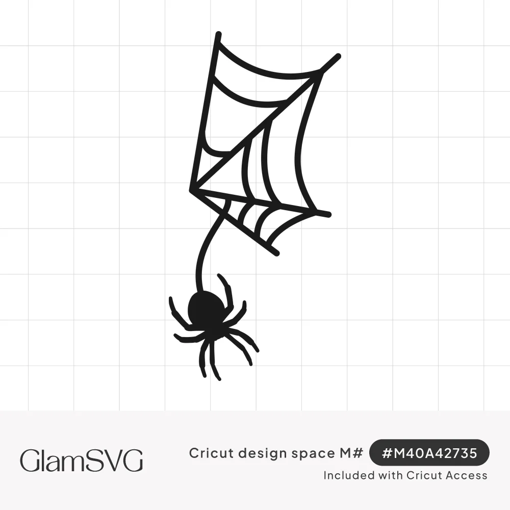 Black line drawing of a corner spiderweb with a small spider hanging below it on a single thread