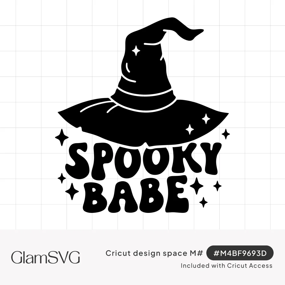 Black witch hat with a curled tip and sparkles above groovy bubble lettering reading Spooky Babe