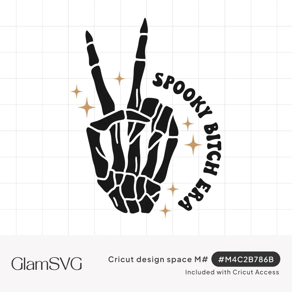 Black skeleton hand making a peace sign with gold sparkles and curved text reading Spooky Bitch Era