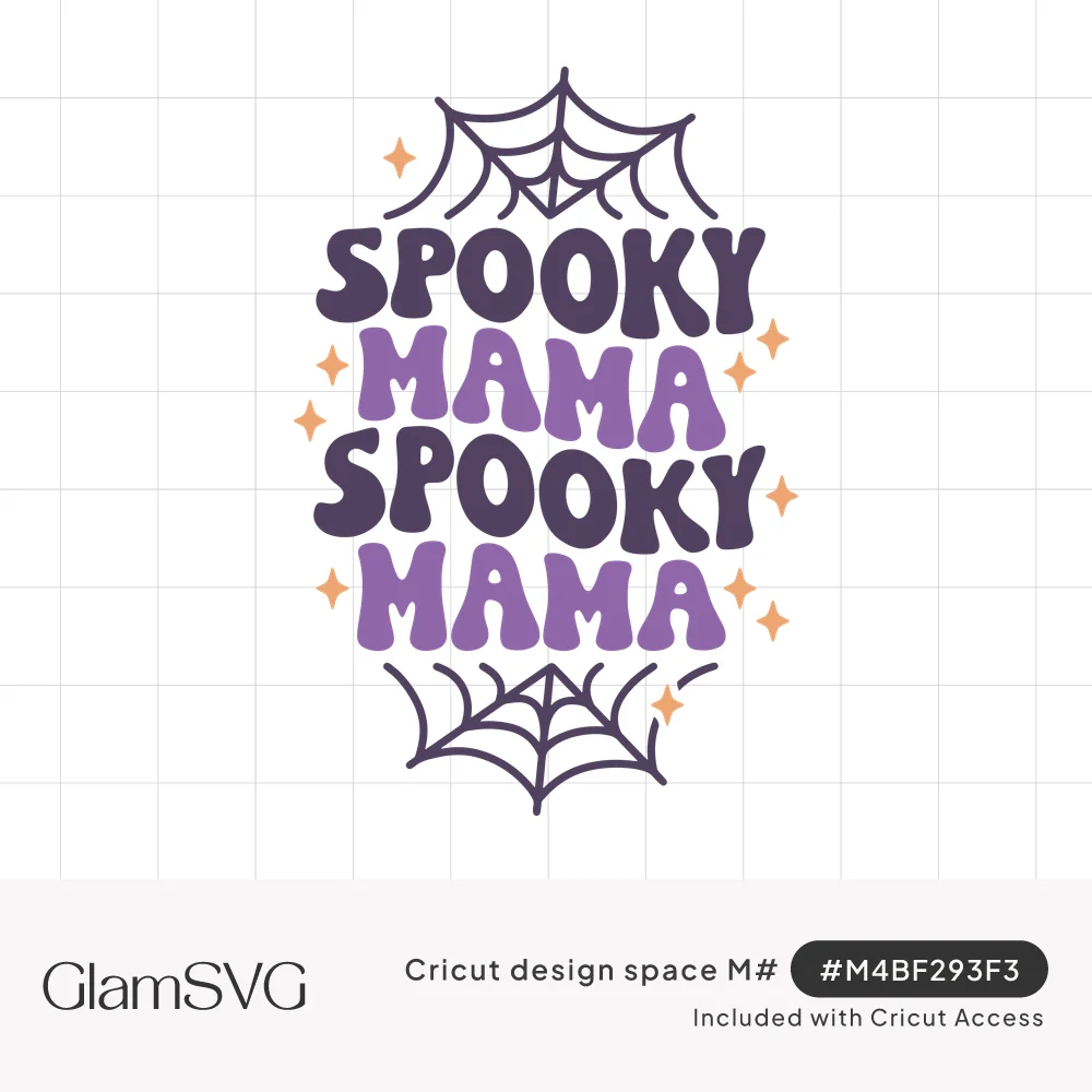 Groovy purple text reading Spooky Mama Spooky Mama between two spiderwebs with small orange sparkles
