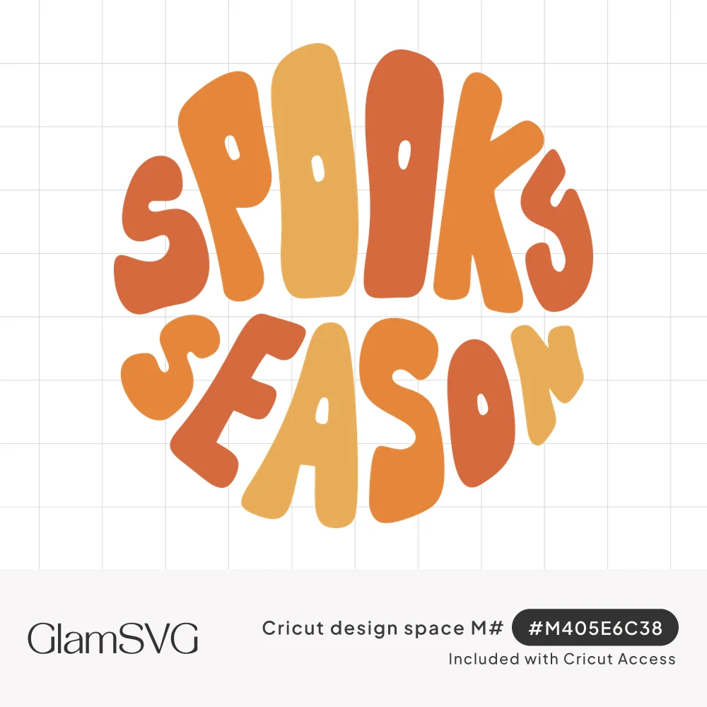 Groovy bubble letters in orange, rust and gold spelling Spooky Season arranged in a round circle shape