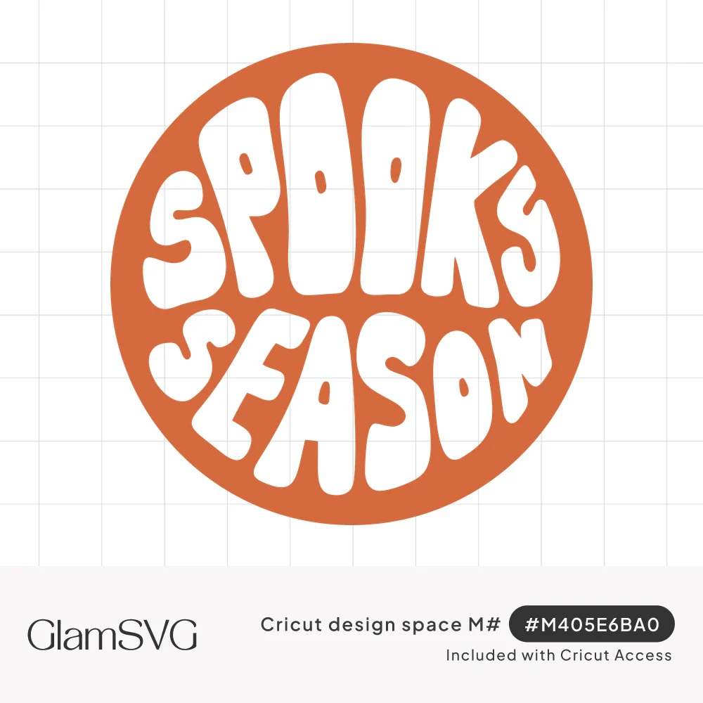 White groovy bubble lettering reading Spooky Season curved inside a solid orange circle badge
