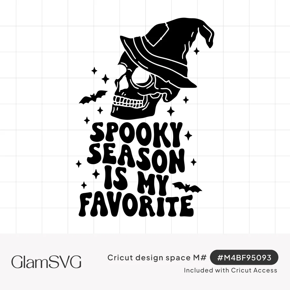 Black skull wearing a witch hat with bats and sparkles above groovy text reading Spooky Season Is My Favorite