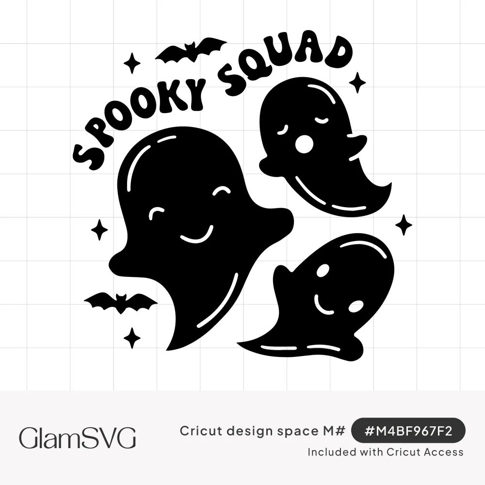 Spooky Squad lettering arched over three cute smiling ghosts with small bats and sparkle stars in black silhouette