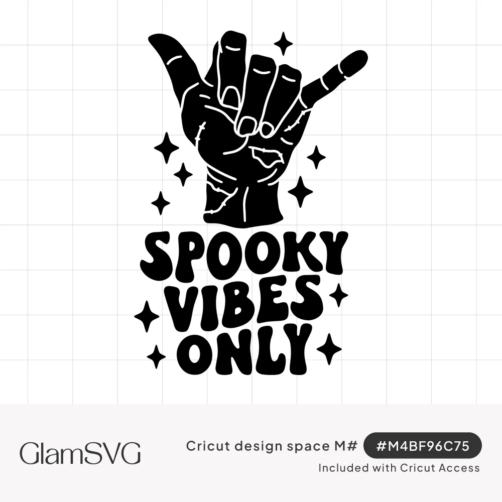Black zombie hand making a hang loose sign with sparkles above wavy retro text reading Spooky Vibes Only