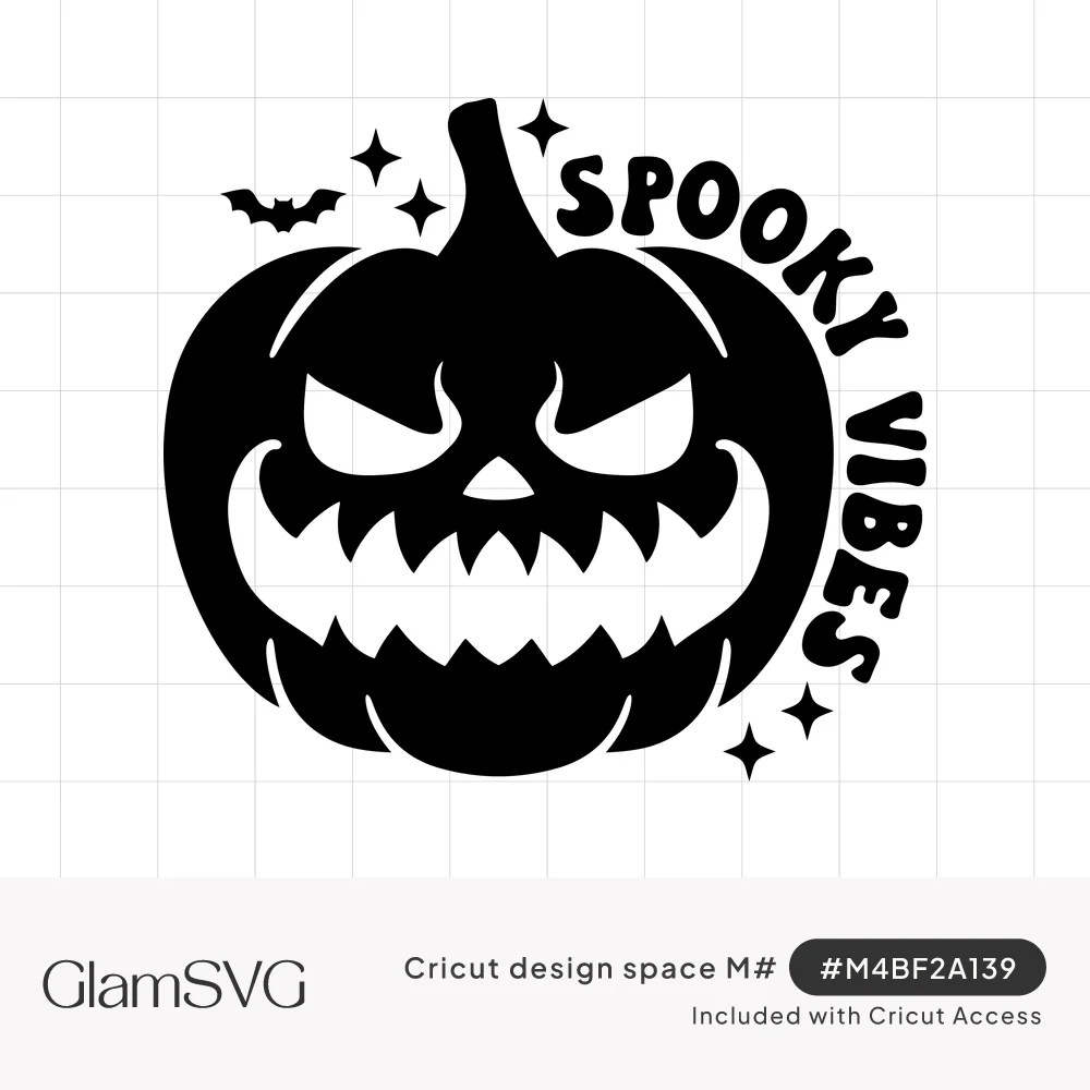 Black jack-o'-lantern with an evil grin, "Spooky Vibes" arched text, a small bat and sparkles