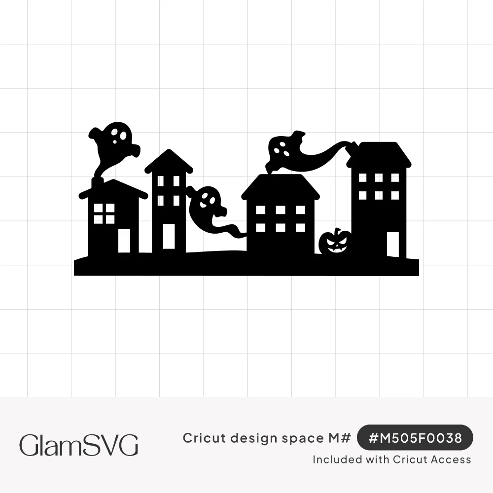 Black silhouette of a row of houses with ghosts floating from chimneys and a small jack-o'-lantern on the ground