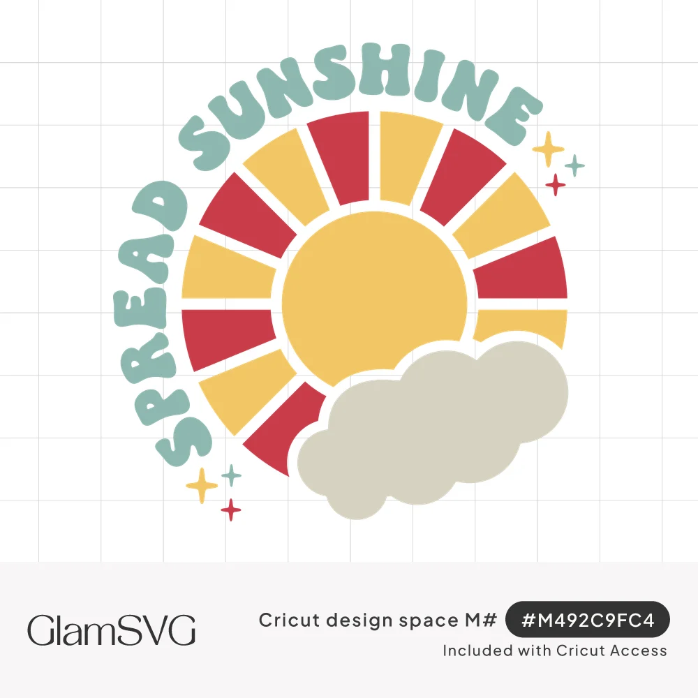 Retro yellow and red sun behind a gray cloud with teal Spread Sunshine lettering arched above and small sparkles