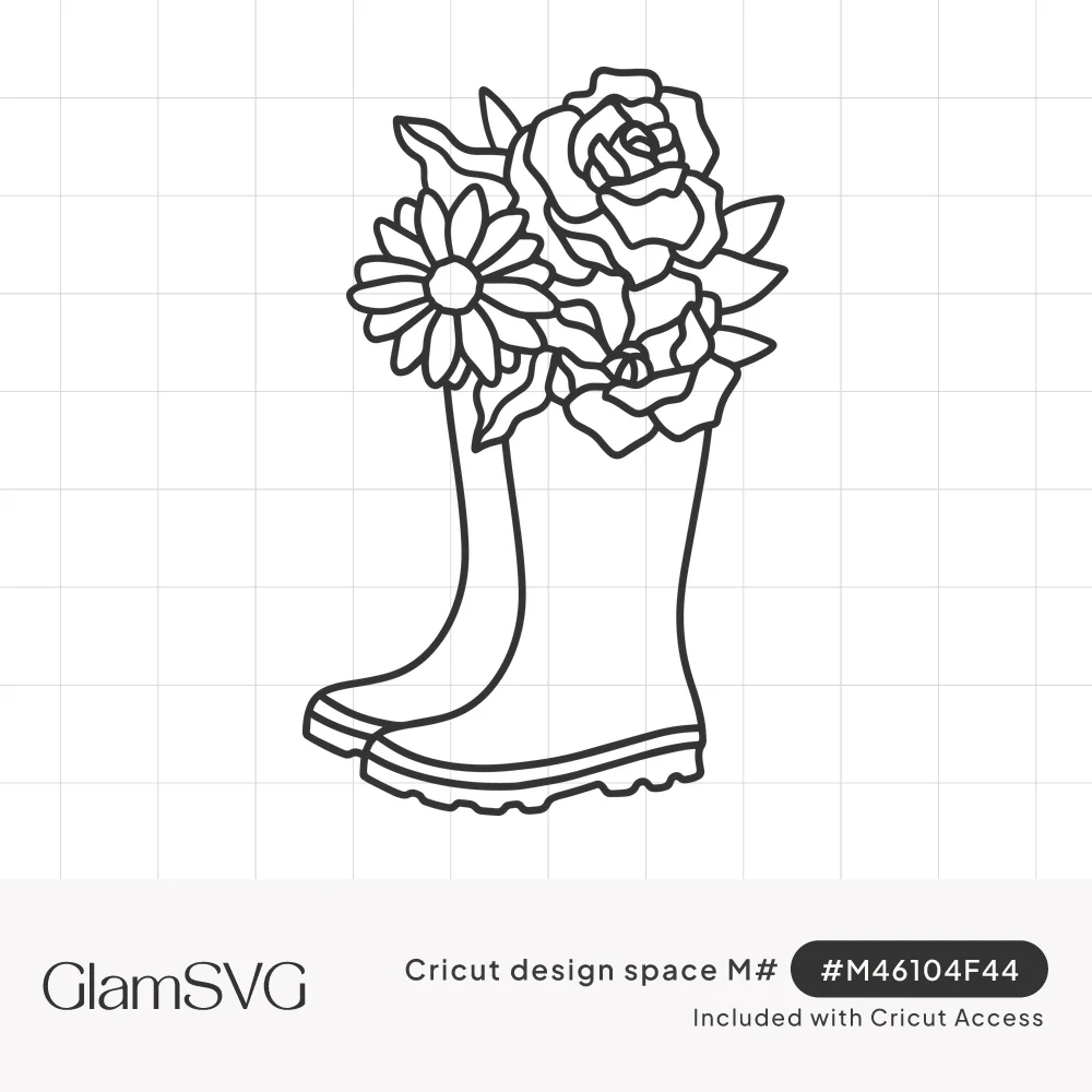 Line art of a pair of rubber rain boots filled with a large rose, a daisy and leaves