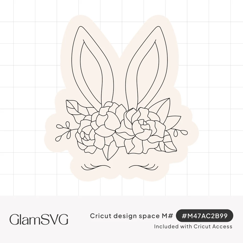 Line art bunny face with tall ears, closed eyelashes and a crown of peonies and leaves on a sticker-style outline