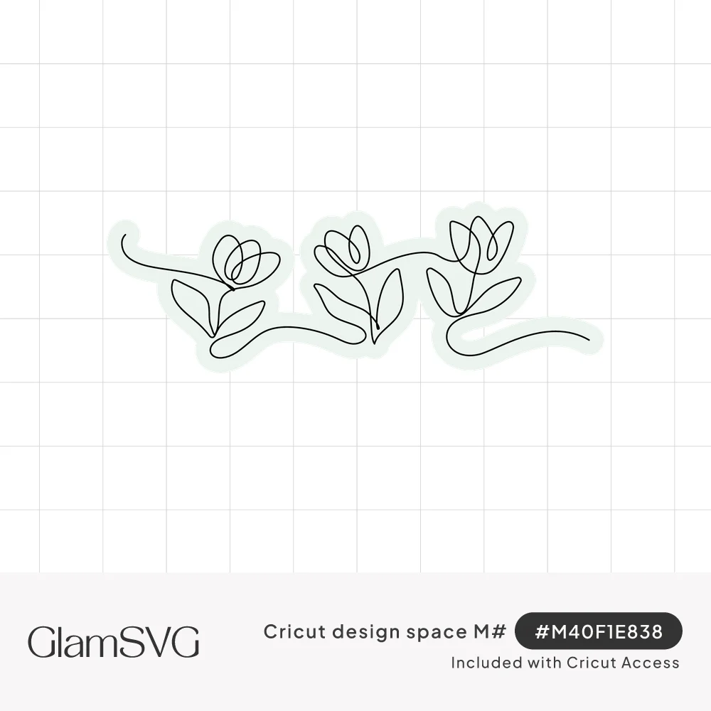 Three tulips with leaves drawn in a single continuous black line, connected by a looping vine