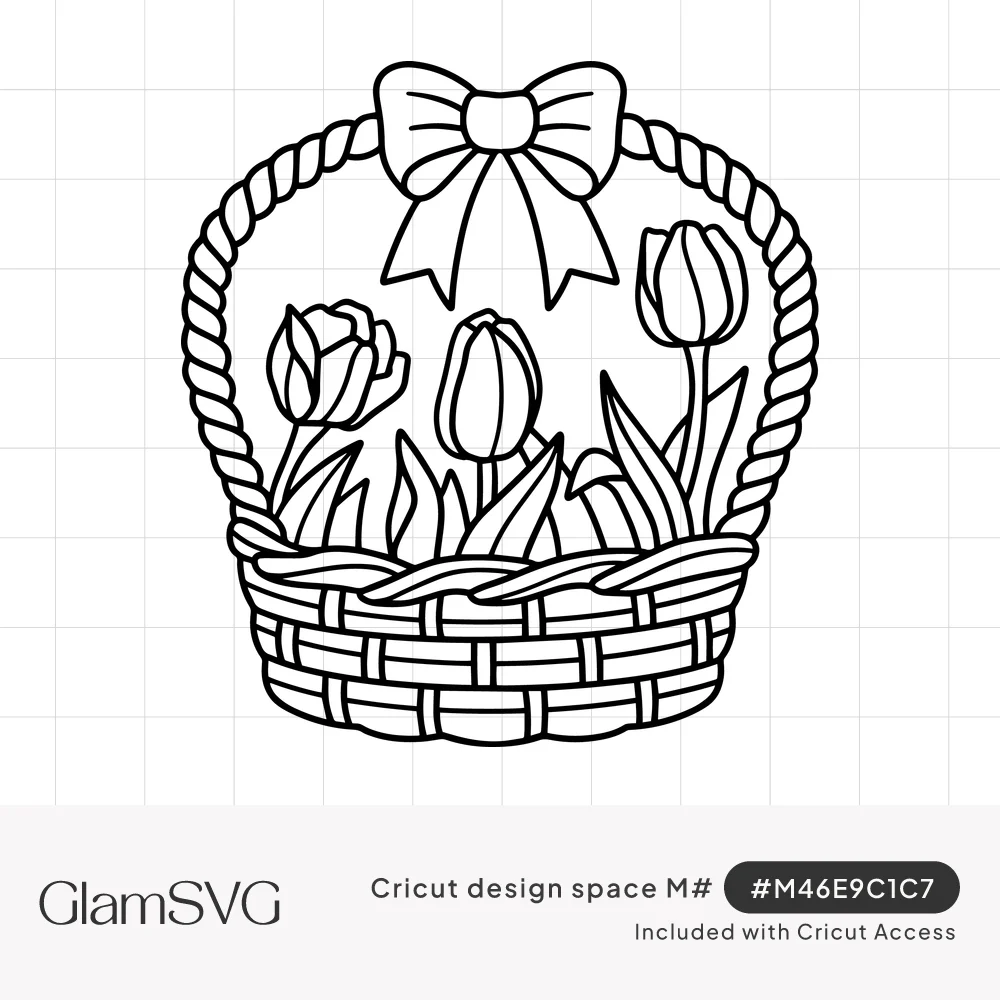 Line art of three tulips with leaves in a woven basket with a twisted rope handle topped by a ribbon bow