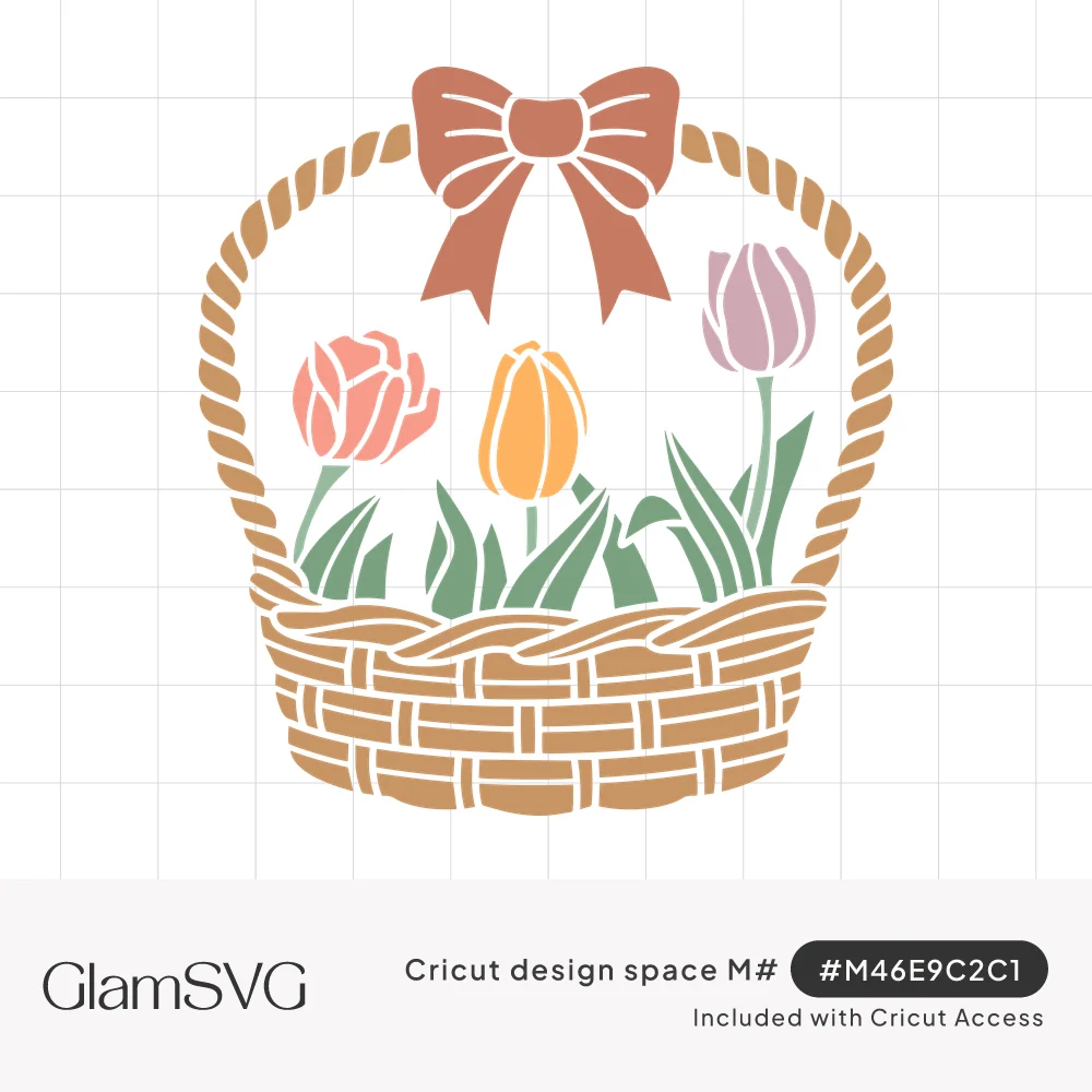 Woven basket with rope handle holding coral, yellow and lavender tulips with green leaves, topped by a rust bow