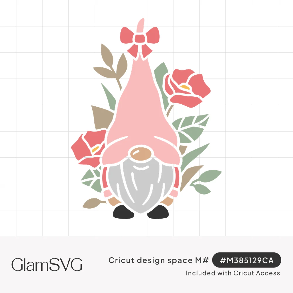 Gnome with a tall pink hat and bow, gray beard and round nose, framed by coral poppies and green and tan leaves