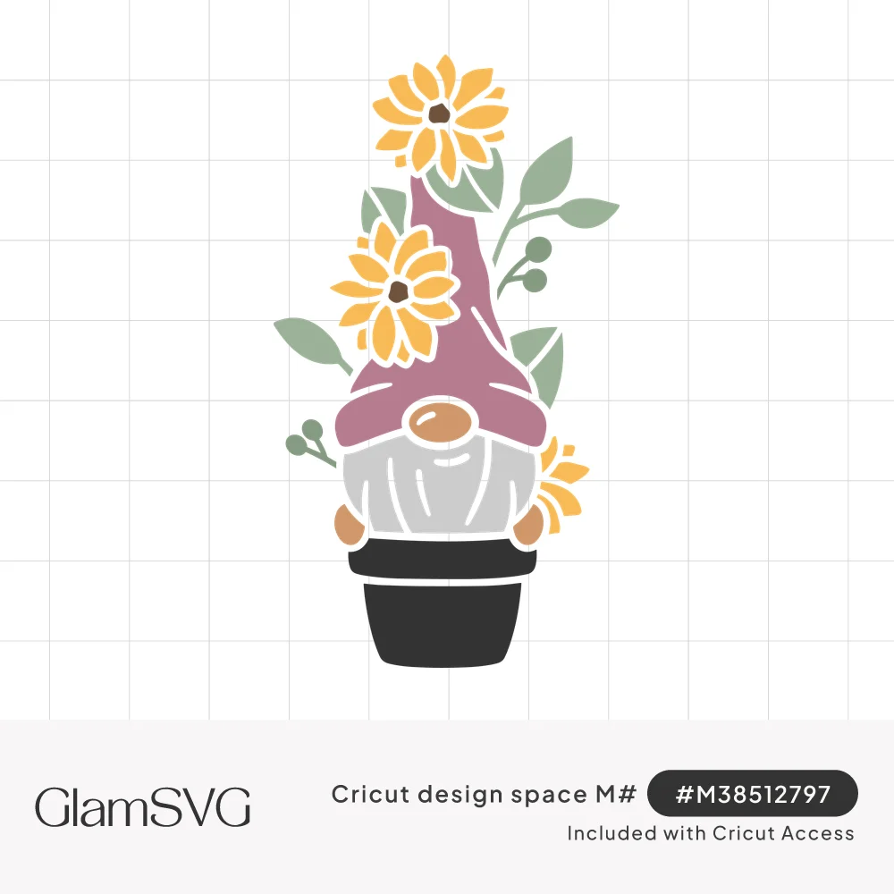 Layered gnome with mauve hat and white beard in a black flower pot, surrounded by yellow daisies and green leaves