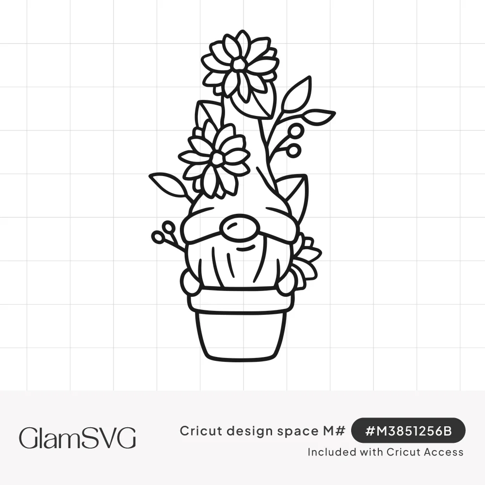 Line drawing of a bearded gnome in a flower pot with a tall hat covered in daisies, leaves and berry sprigs
