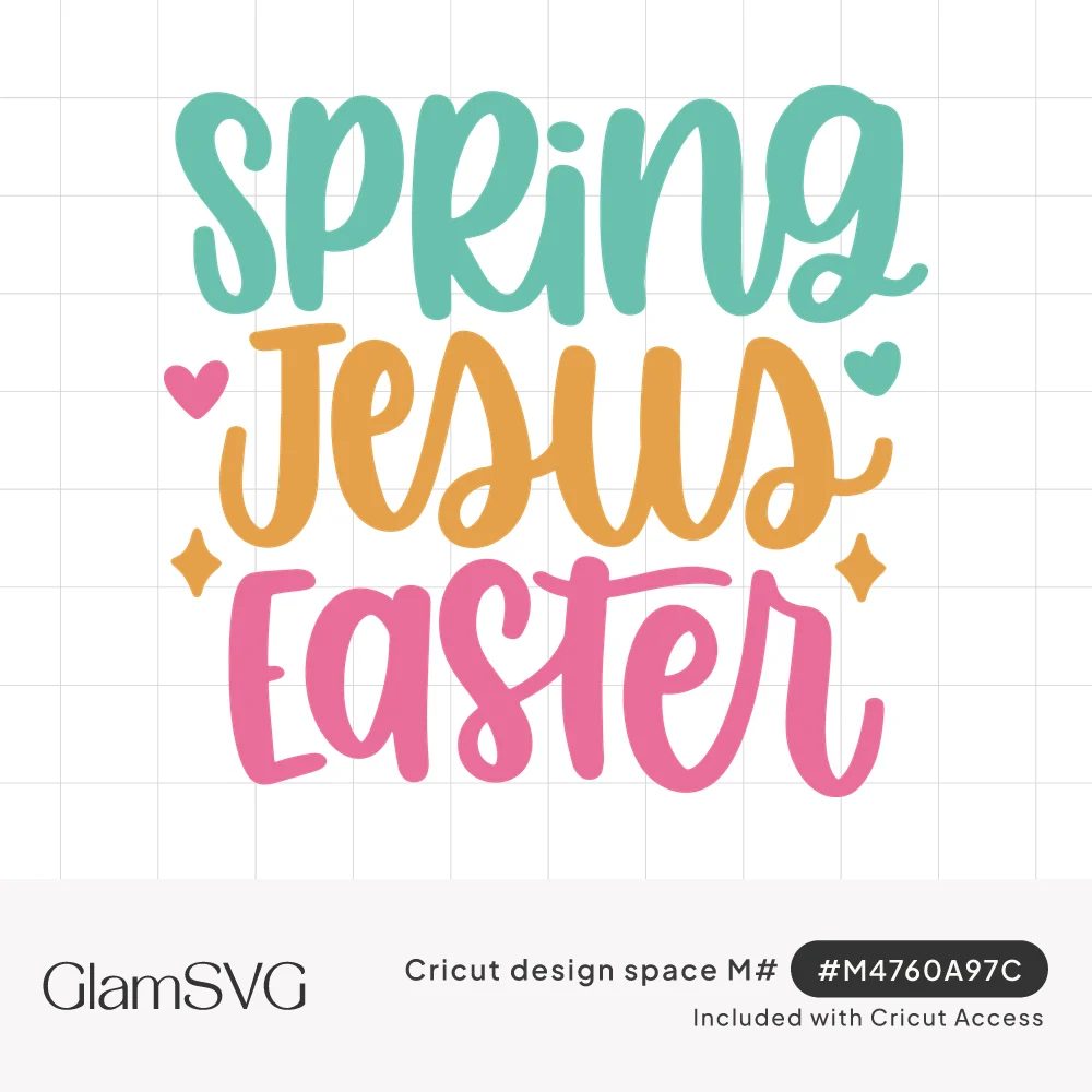 Stacked hand-lettered words Spring, Jesus, Easter in teal, orange and pink script with small hearts and sparkles