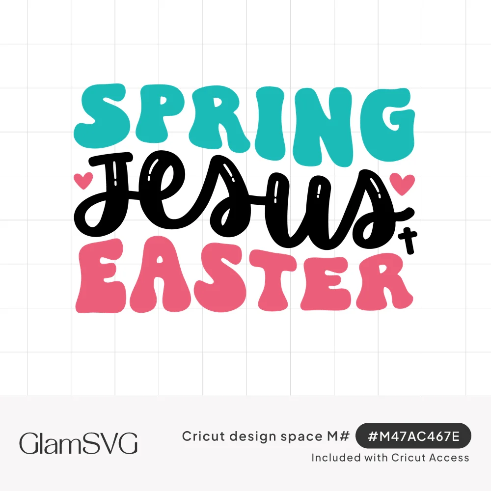 Retro lettering reading Spring in teal, Jesus in black script, and Easter in pink, with small pink hearts and a cross