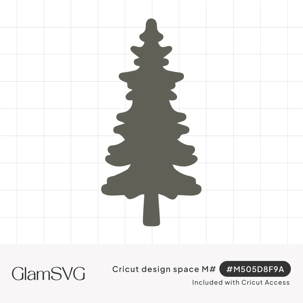 Solid dark gray silhouette of a tall spruce tree with rounded layered branches and a straight trunk