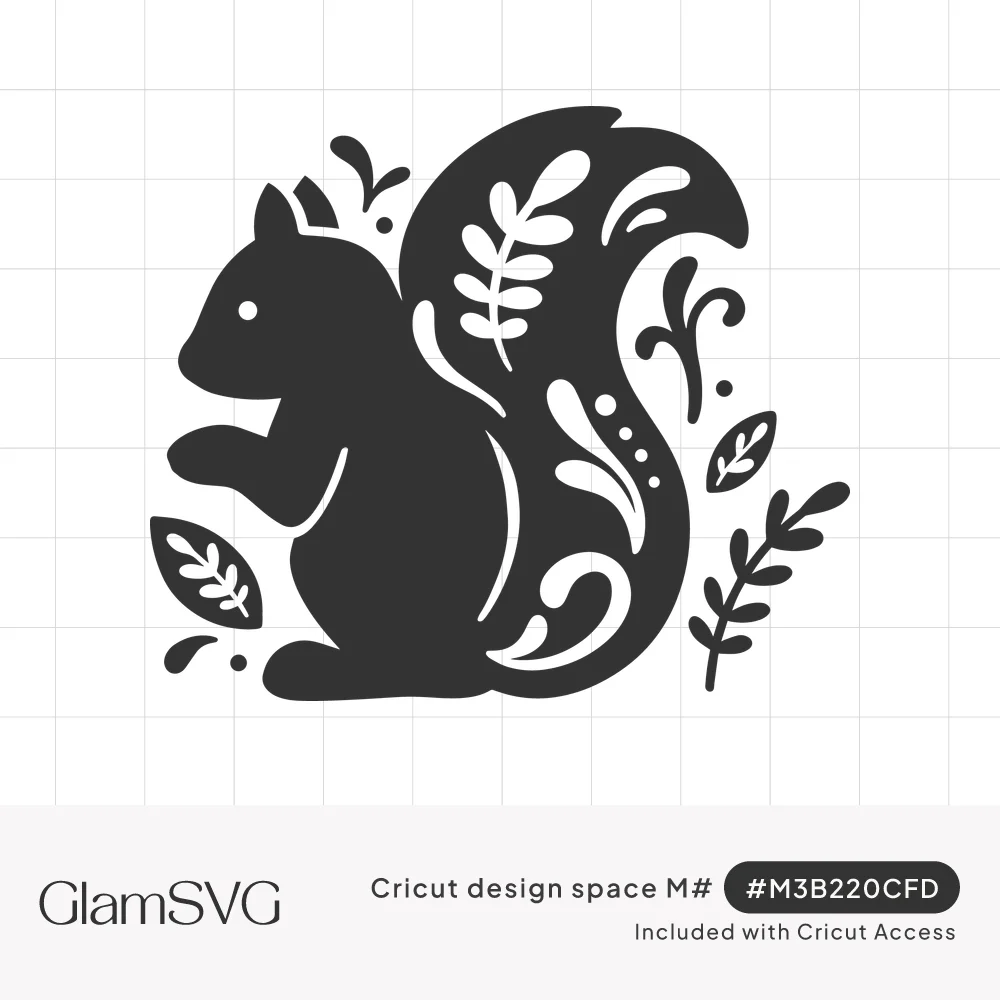 Black silhouette of a sitting squirrel with folk art leaf and swirl cutouts in its tail, surrounded by small leaves