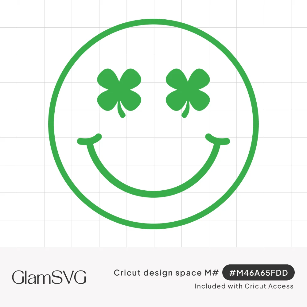 Green outlined smiley face with four-leaf clovers for eyes and a wide curved smile