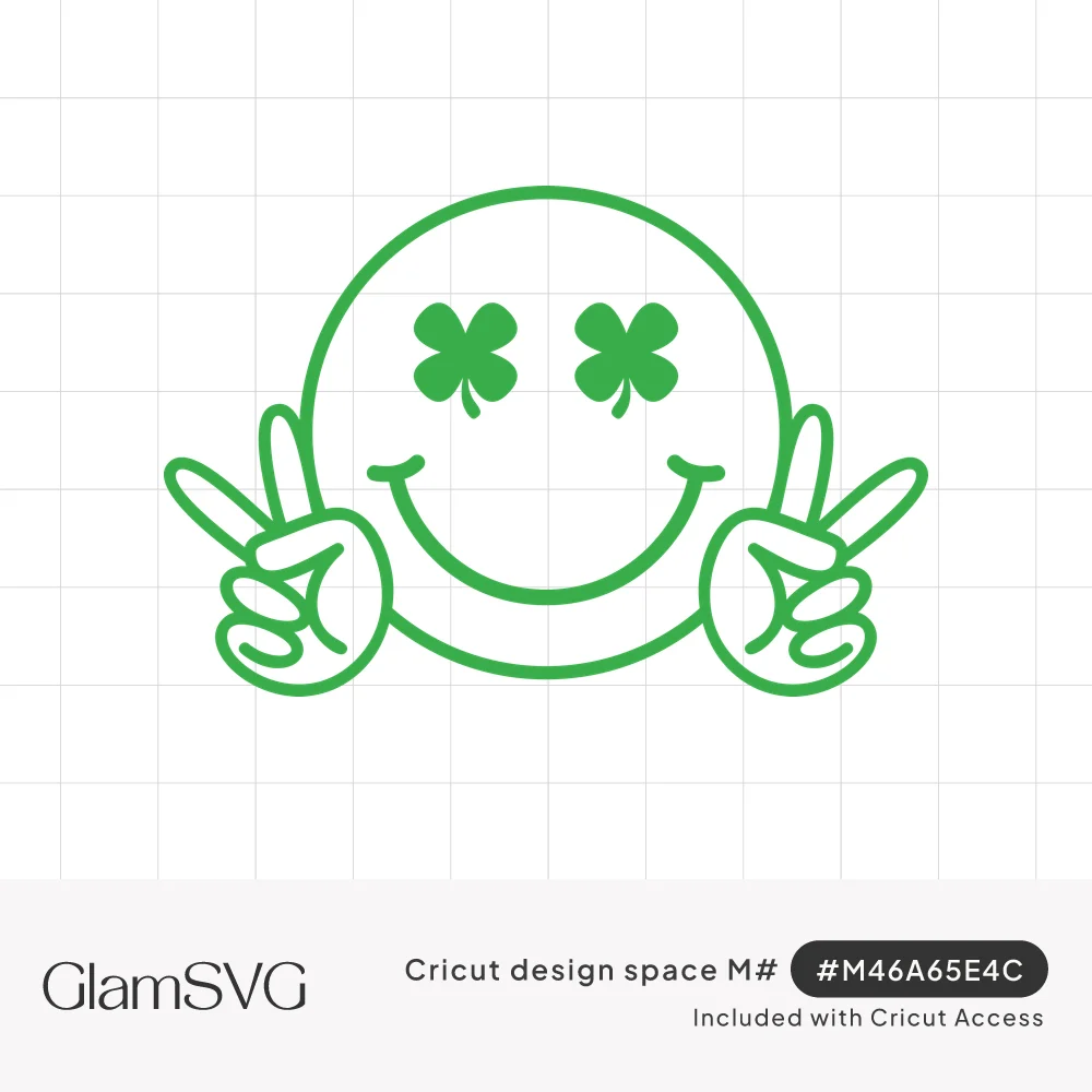 Green outline smiley face with four-leaf clover eyes and a peace sign hand on each side