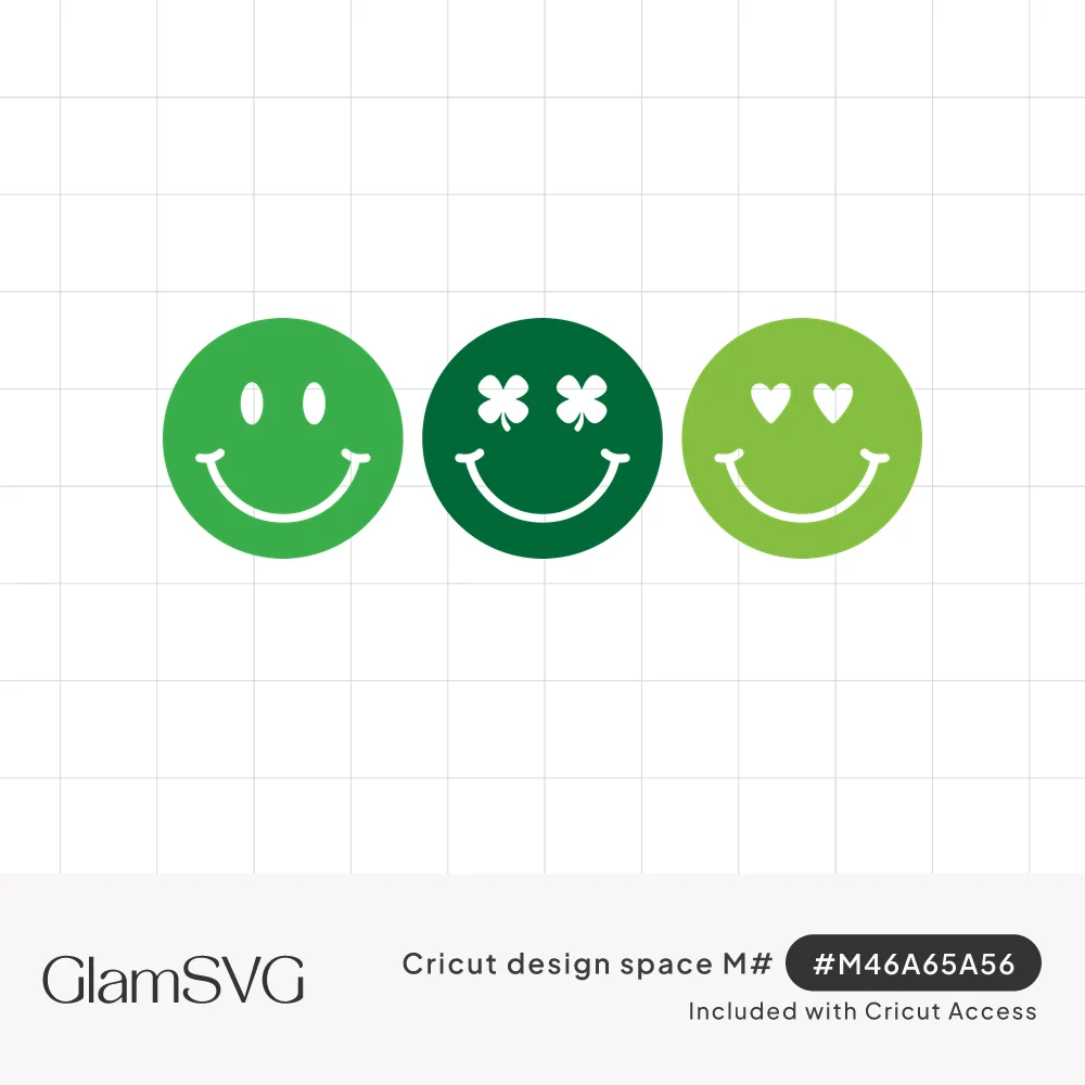 Three green smiley faces in a row, one with classic eyes, one with shamrock eyes and one with heart eyes