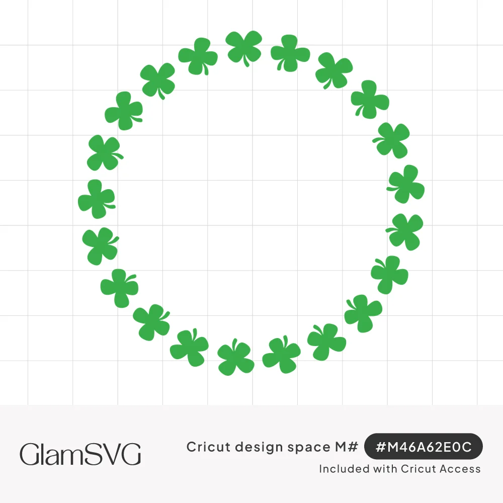 Circle frame made of small green three-leaf shamrocks set at varied angles around an empty center