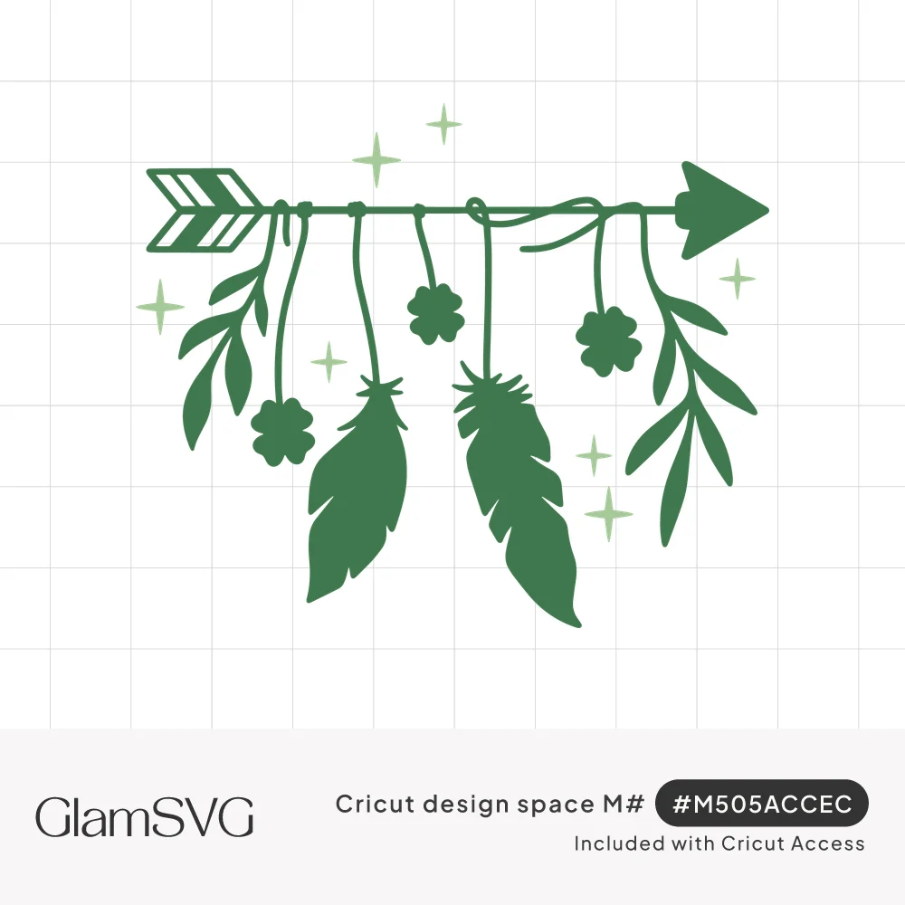 Green boho arrow with hanging shamrocks, two feathers and leafy sprigs surrounded by small sparkles
