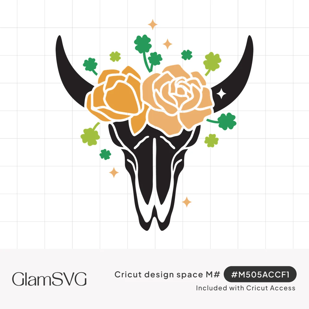 Black bull skull with curved horns topped by peach and orange roses, green shamrocks and small sparkle stars