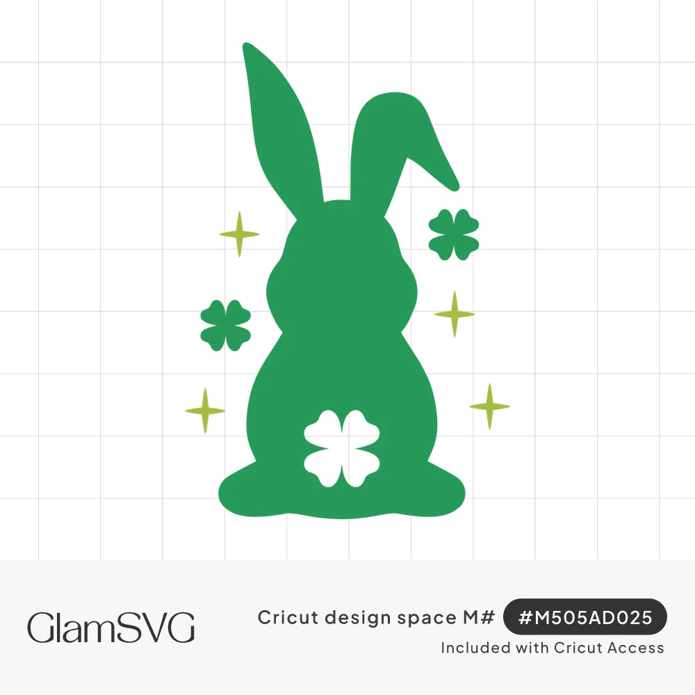 Green bunny silhouette from behind with a white four-leaf clover tail, surrounded by shamrocks and lime green sparkles