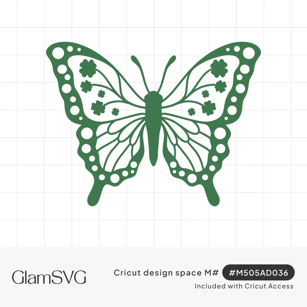 Green silhouette butterfly with lacy veined wings, dotted edges and small four-leaf clovers on the upper wings