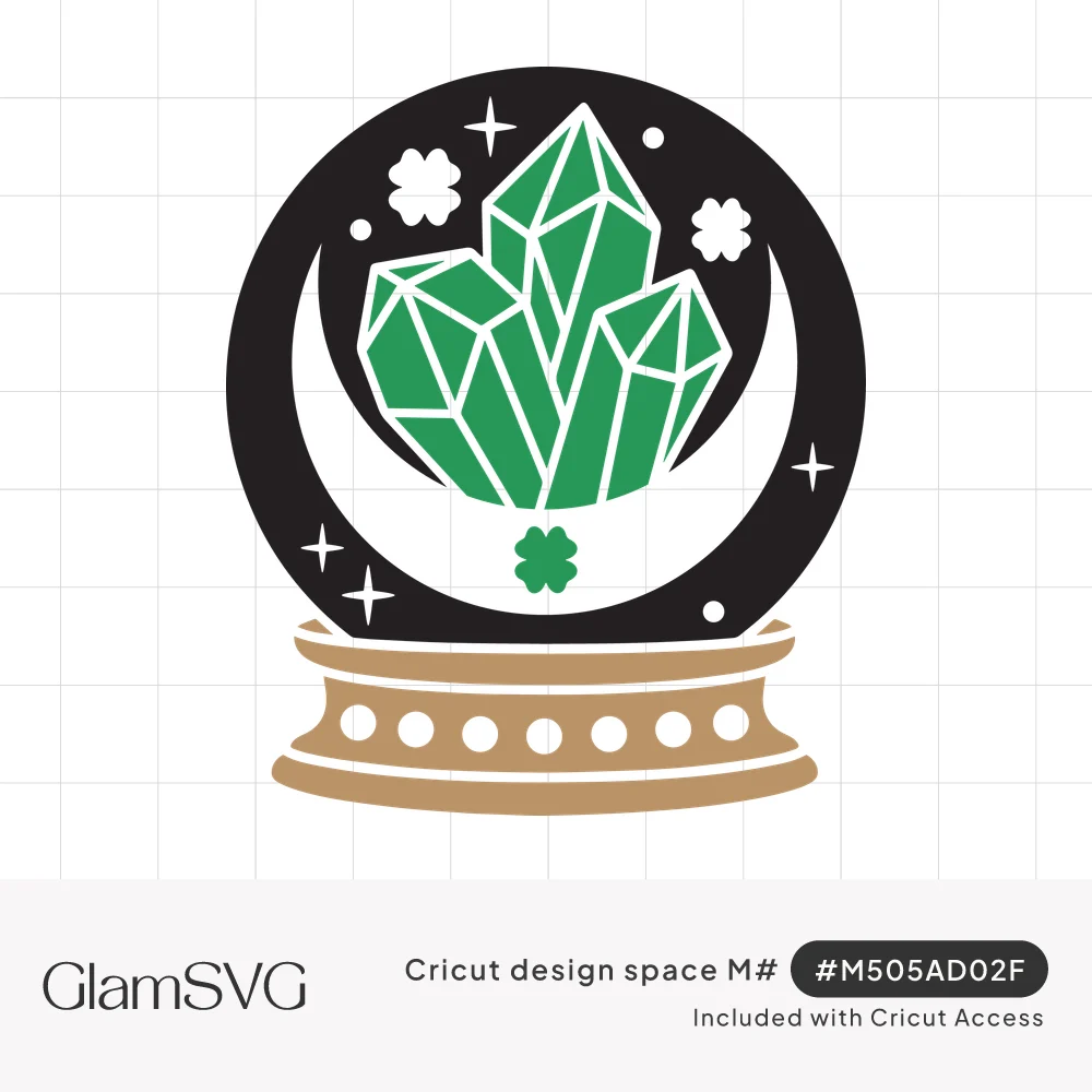 Crystal ball holding green geometric crystals with a crescent moon, four-leaf clovers and stars on a gold stand