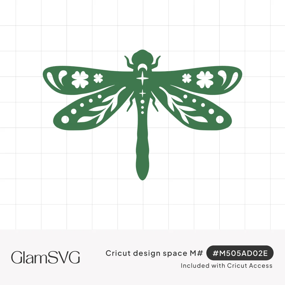 Green dragonfly silhouette with shamrock, leaf, dot and sparkle cutouts in its wings and a crescent moon on its head